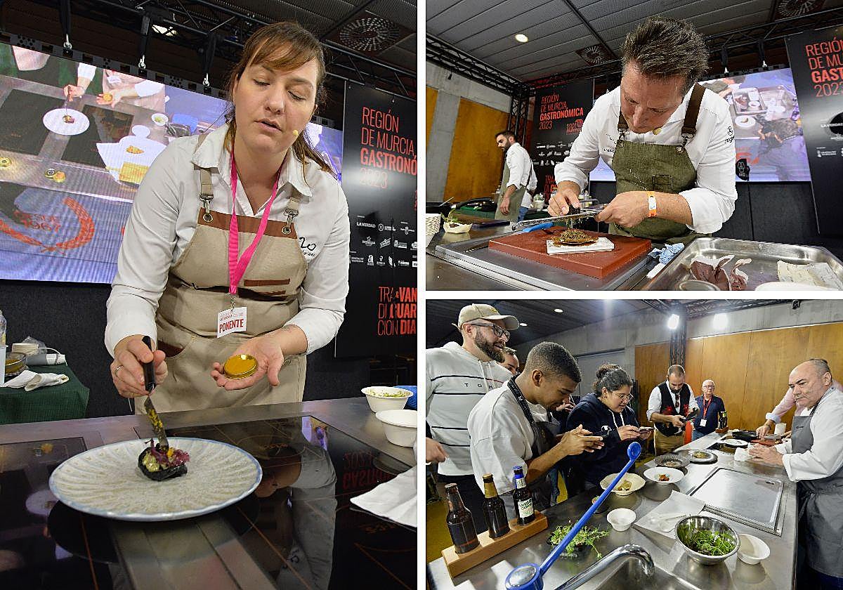 María José Martínez, chef de Lienzo, aportando innovación a las huevas de mújol, ante la mirada de Julio Velandrino. Kiko Moya, chef de L'Escaleta. Miguel Barrera muestra sus platos.