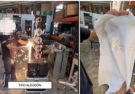 Demostración del potencial de la máquina para penetrar en tejidos de algodón y provocar quemaduras.