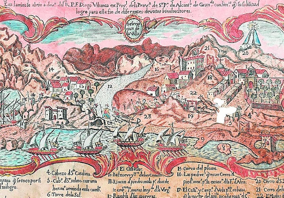 Parte inferior del grabado de 1765, con una vista de la villa y la costa.