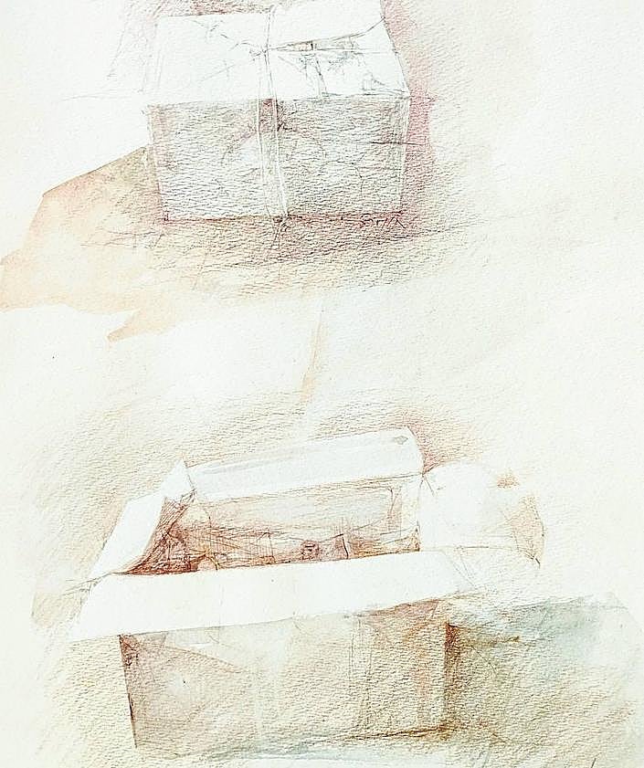 Imagen secundaria 2 - Arriba: 'Cuenco'. Pedro Cano nunca ha expuesto ni exhibido la mayor parte de este cuaderno que hoy aparece en Ababol. Abajo izquierda: 'Botes'. En los 80 aquel pintor de Blanca que experimentaba con la pintura buscaba, en realidad, abrazar la eternidad. Abajo derecha: 'Cajas'. Dice Pedro Cano que el mundo cabe en una caja, que es siempre un misterio. De 'Still-Life' (1984-1987).