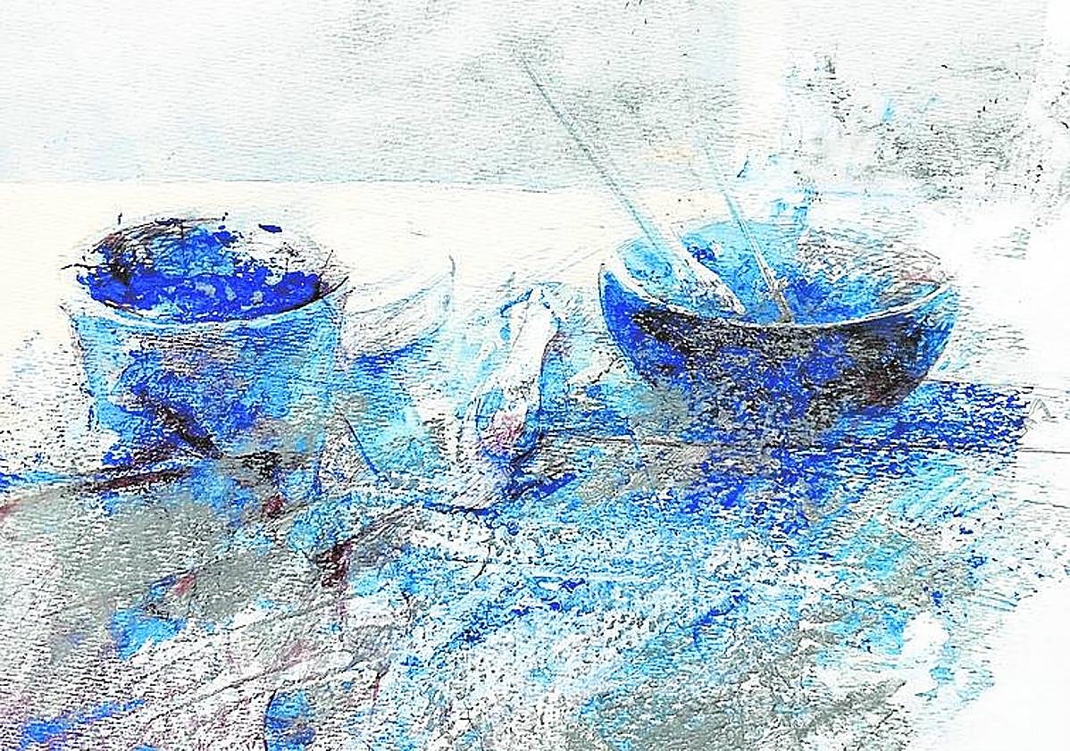 Imagen principal - Arriba: 'Cuenco'. Pedro Cano nunca ha expuesto ni exhibido la mayor parte de este cuaderno que hoy aparece en Ababol. Abajo izquierda: 'Botes'. En los 80 aquel pintor de Blanca que experimentaba con la pintura buscaba, en realidad, abrazar la eternidad. Abajo derecha: 'Cajas'. Dice Pedro Cano que el mundo cabe en una caja, que es siempre un misterio. De 'Still-Life' (1984-1987).