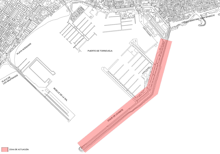 Plano de la zona de actuación, que excluye el inicio del dique junto al paseo de la Libertad.