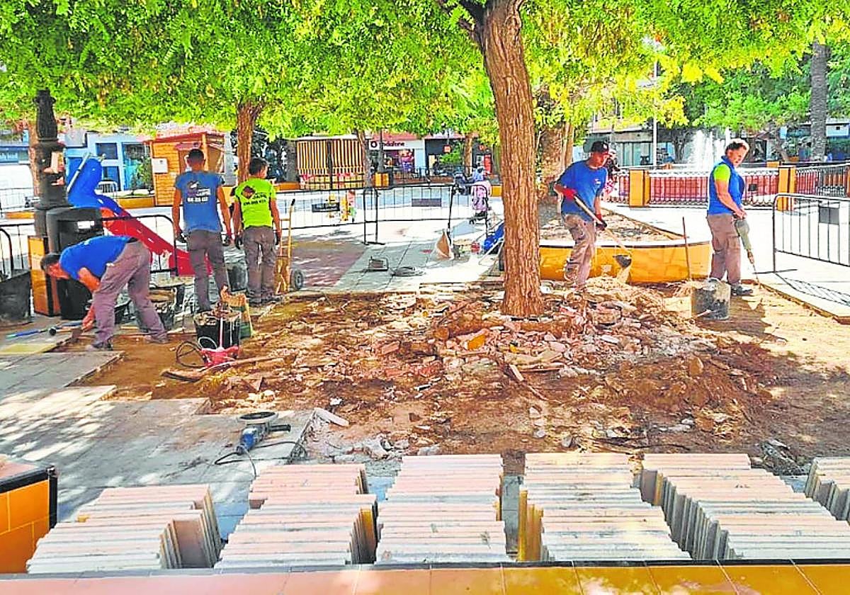 Operarios arreglan el pavimento levantado junto a los árboles.