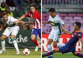 Gonzalo Verdú, con la camiseta del Elche, pugna con Fernando Torres. Jony Álamo recibe una entrada de Busquets, en un duelo contra el Barça.