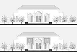 Propuesta de reconstrucción de Arnold y Navarro de dos de las tres fases constructivas del pórtico del pabellón que daba a la alberca más pequeña.