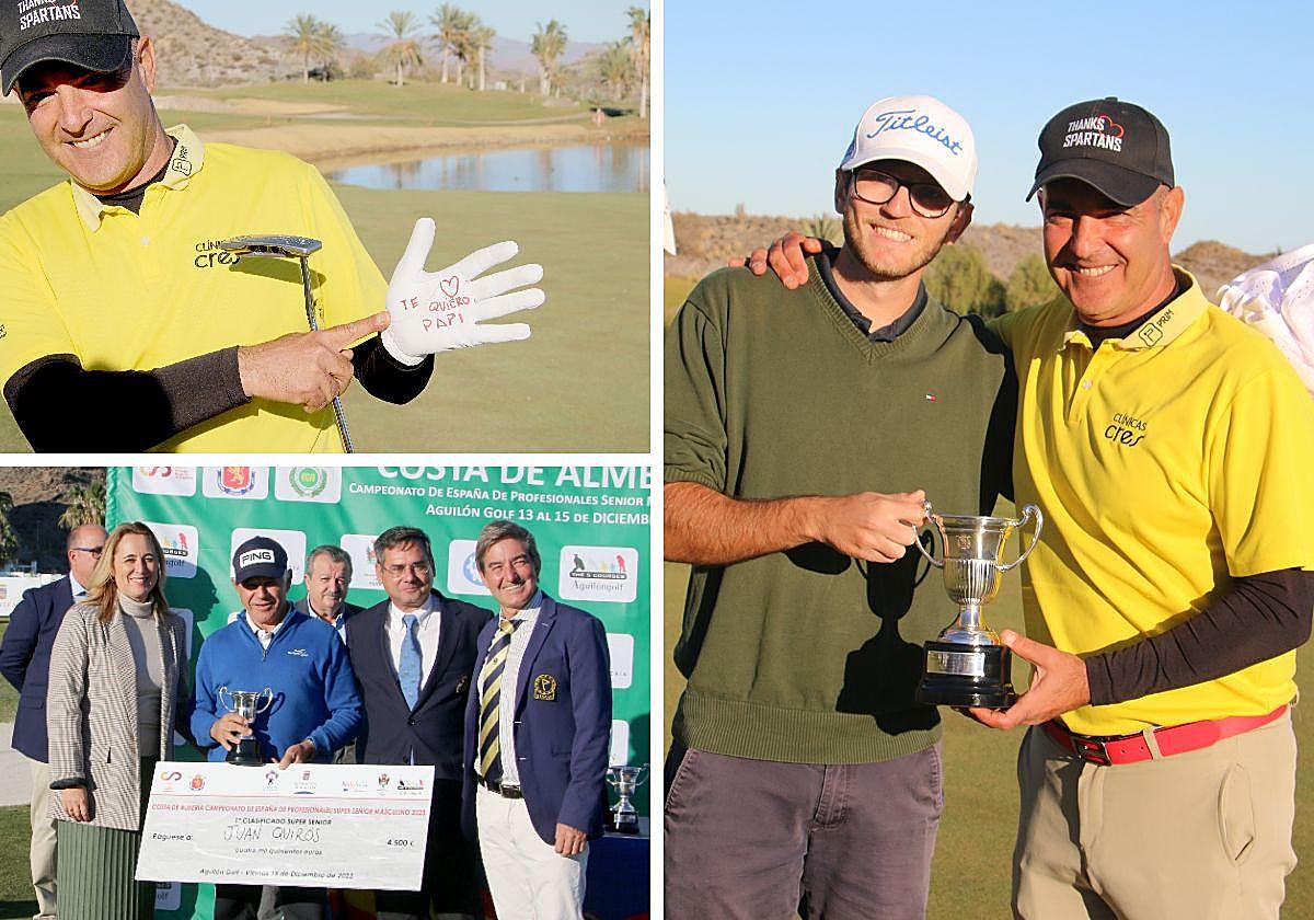 Carlso Balmaseda, a pie de 'green' del 18, feliz tras ganar y mostrando el guante dedicado a su padre y usado en la jornada final. El gaditano Juan Quirós, con su copa y cheque, junto a las autoridades presentes en la entrega. El joven aguileño José Carlos Granados le llevó la bolsa al campeón de la categoría sénior.