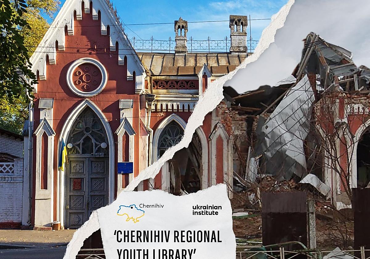 La Biblioteca Regional de Chernihiv, destruida en la guerra de Ucrania.