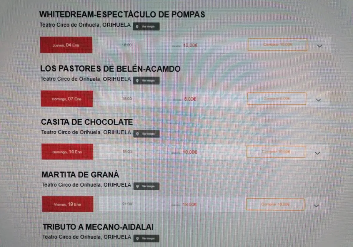 Main image - Images of the websites where tickets to shows at the Teatro Circo are for sale and seats already sold to see Los Pastores de Belén de Acamdo.