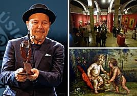 A la izquierda, Rubén Blades recibiendo el premio de La Mar de Músicas; a la derecha, arriba, la inauguración de la exposición 'La Edad de Plata en Murcia. Centenario del Suplemento Literario de LA VERDAD'; abajo, una de las obras que se exhiben en 'Magna Urbe'.