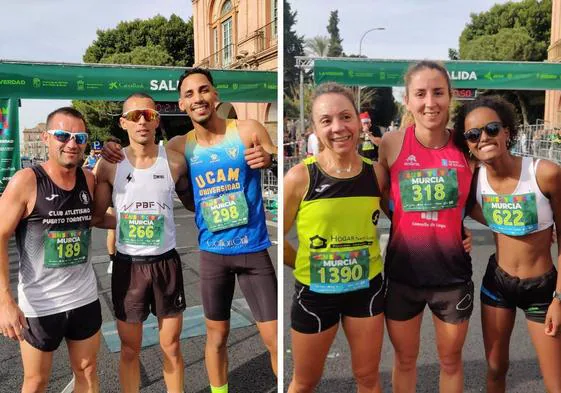 A la izquierda, los tres corredores más rápidos de la San Silvestre de Murcia 2023, con Estanislao Lorencio en el medio; a la derecha, las tres atletas que se subieron a lo más alto, con Isabel María Navarro en el centro.