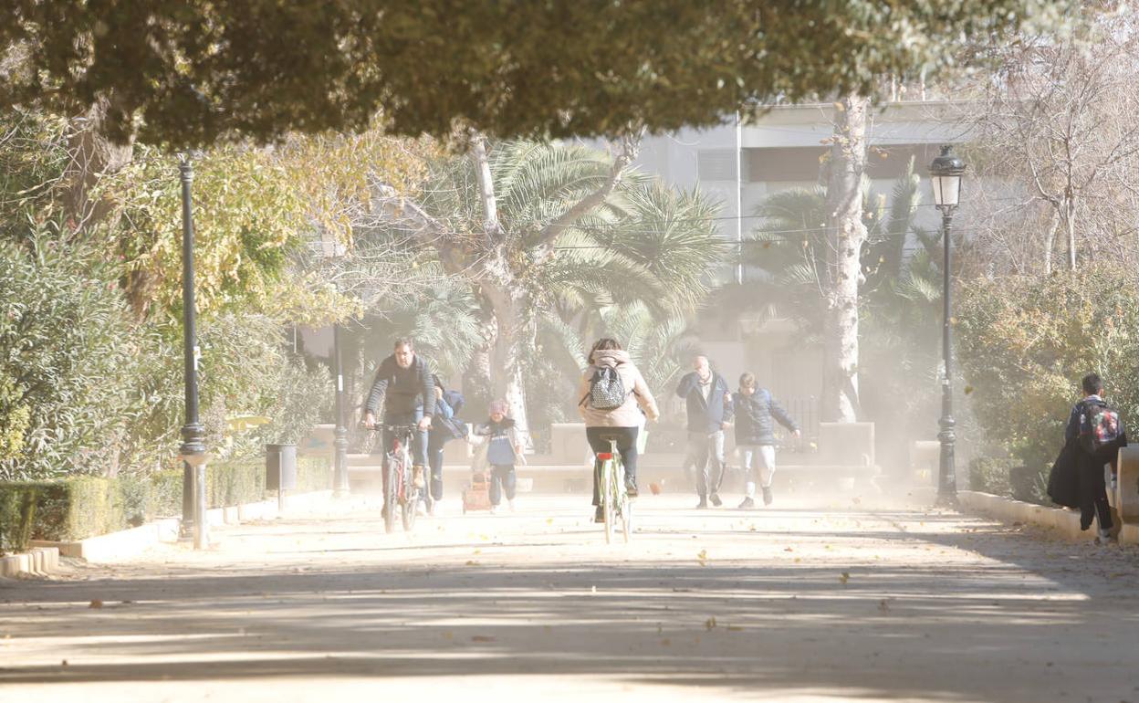 Ciudadanos cruzan las alamedas entre una gran polvareda provocada por las fuertes rachas de viento.