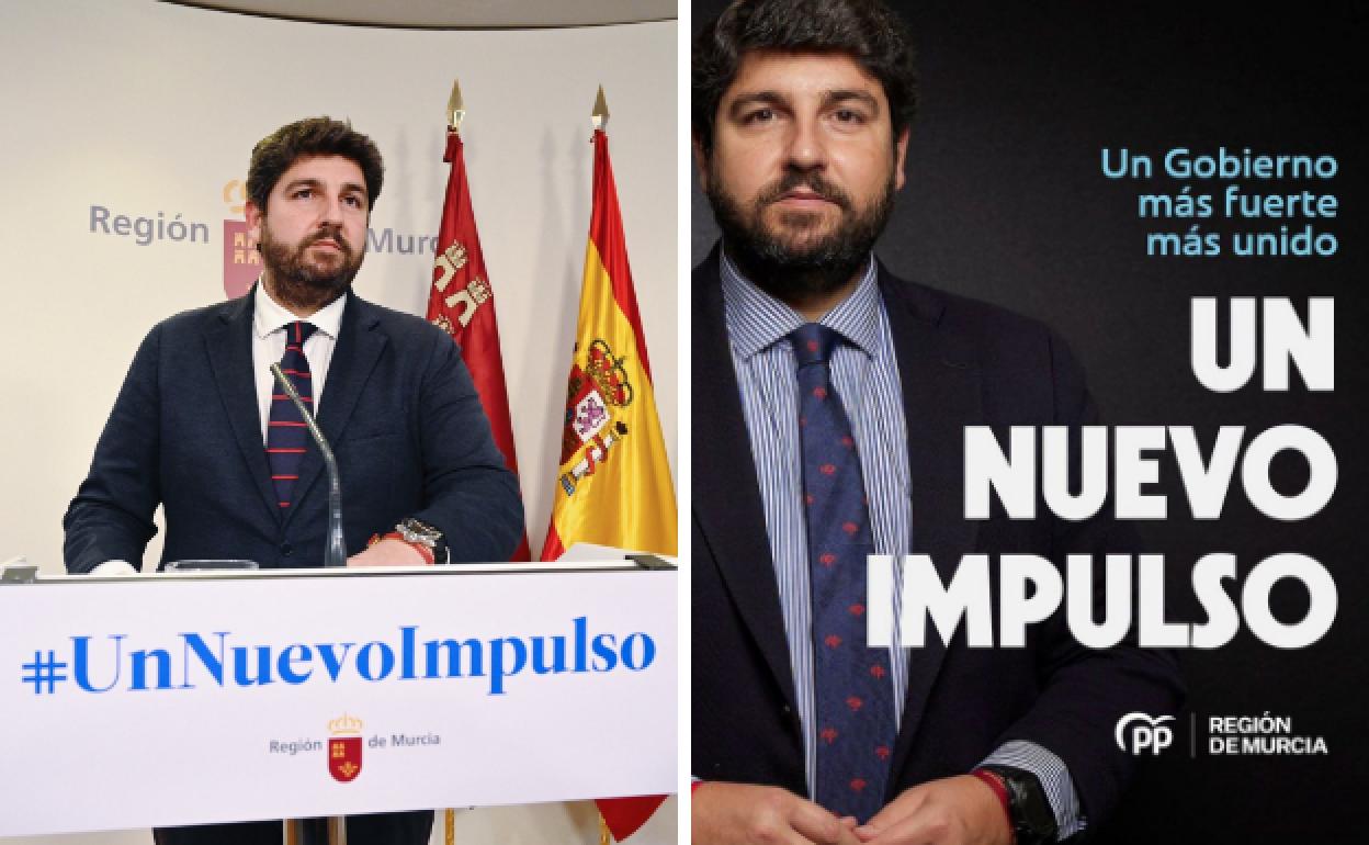 López Miras, durante su comparecencia del martes (der.) y en un cartel del Partido Popular.