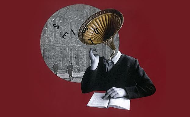 'La molestia de los fonemas. El gran oído' (collage analógico). José María Valverde escribió: «Joyce era un gran oído y un gran olfato». Sobre la pasión de Joyce por la música, el sonido de los fonemas, etc… A Joyce la escritura le servía para introducir un cierto límite a los ecos amenazantes. 