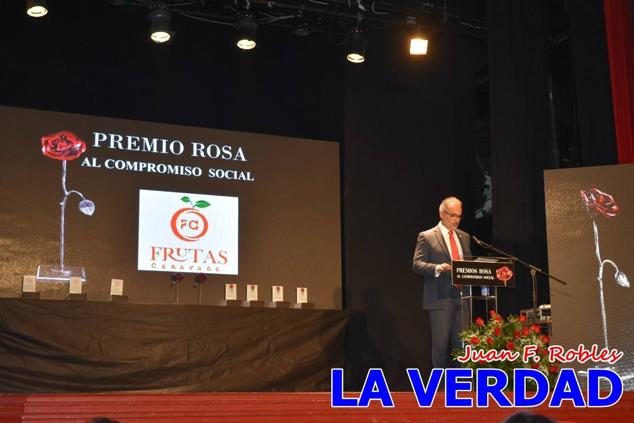 El teatro Thuillier acogió en la noche del pasado viernes el acto de entrega de la tercera edición de los Premios Rosa al Compromiso Social, organizado por el PSOE y Juventudes Socialistas. Los reconocimientos fueron entregados a Francisco Marín, presidente del gremio de editores de la Región de Murcia; a Juan Pedro Martínez, presidente de la cooperativa Frutas Caravaca; y a Francisca Baraza, presidenta de la Mancomunidad de los Canales del Taibilla.