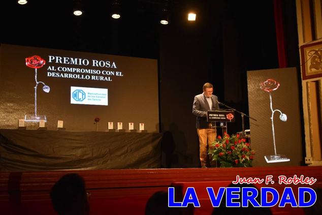 El teatro Thuillier acogió en la noche del pasado viernes el acto de entrega de la tercera edición de los Premios Rosa al Compromiso Social, organizado por el PSOE y Juventudes Socialistas. Los reconocimientos fueron entregados a Francisco Marín, presidente del gremio de editores de la Región de Murcia; a Juan Pedro Martínez, presidente de la cooperativa Frutas Caravaca; y a Francisca Baraza, presidenta de la Mancomunidad de los Canales del Taibilla.