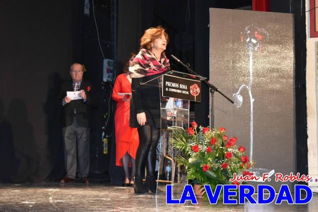 El teatro Thuillier acogió en la noche del pasado viernes el acto de entrega de la tercera edición de los Premios Rosa al Compromiso Social, organizado por el PSOE y Juventudes Socialistas. Los reconocimientos fueron entregados a Francisco Marín, presidente del gremio de editores de la Región de Murcia; a Juan Pedro Martínez, presidente de la cooperativa Frutas Caravaca; y a Francisca Baraza, presidenta de la Mancomunidad de los Canales del Taibilla.