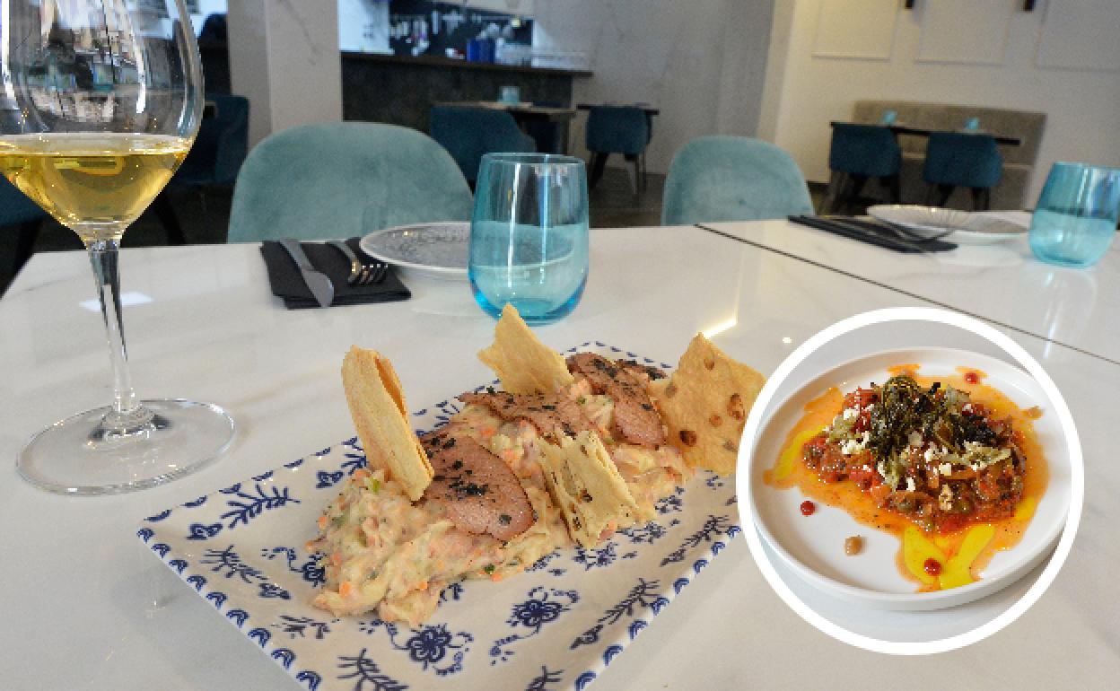 Arriba, ensaladilla de bacoreta y vino de Jerez; sobre estas líneas, tapa de verduras con capellán y queso feta . 