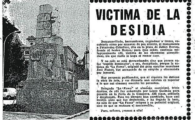 Ruina. En enero de 1973 clamaba el diario 'Línea' contra el abandono que sufría el monumento a Fernández Caballero sin su Fama.