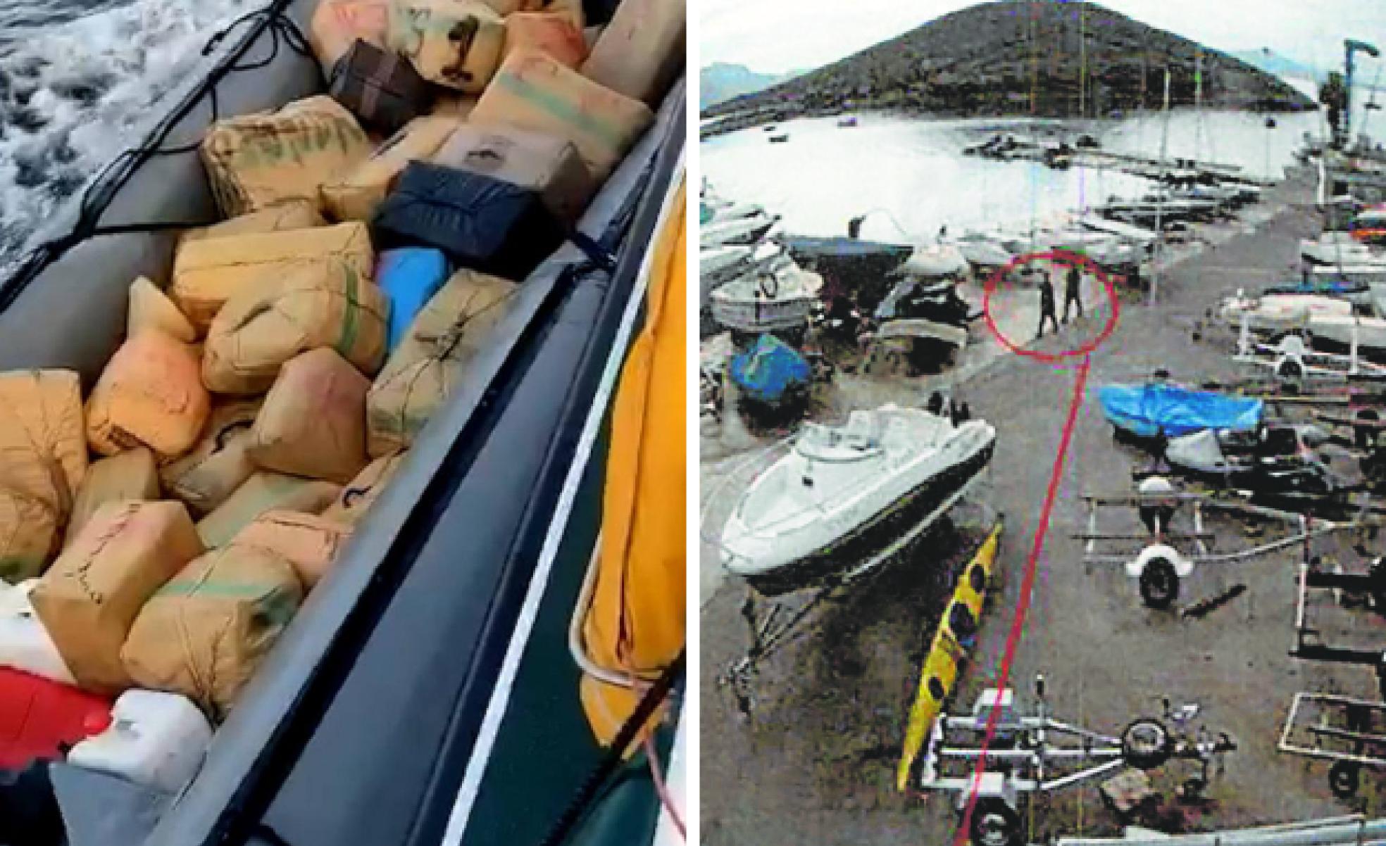 A la izquierda, gran cantidad de fardos de hachís descubiertos en una 'narcolancha'. A la derecha, una cámara de seguridad capta a dos sospechosos en el puerto.