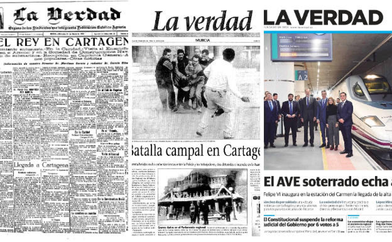 Selección de algunas de las portadas más relevantes de LA VERDAD publicadas a lo largo de sus 120 años de historia. 