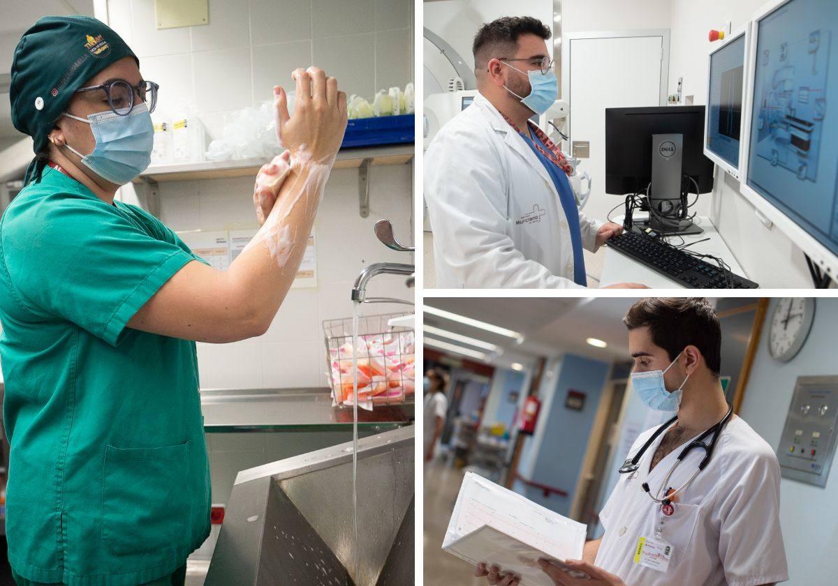 María Iniesta (izq.), médica interna residente de Cirugía General y Digestivo; Alberto Espinosa (arriba a la derecha), médico interno residente de Oncología Radioterápica, y Antonio Pujante (abajo a la derecha), médico interno residente de Cardiología, en unas imágenes tomadas esta semana.