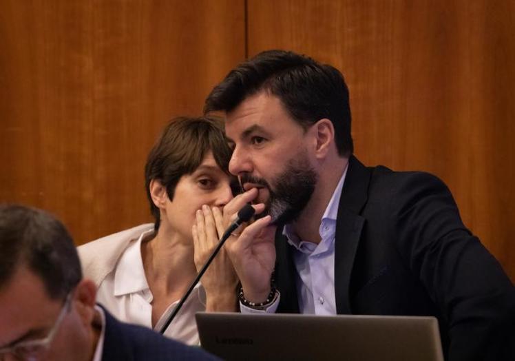 La concejal de Ciudadanos, Luisa Boné, intercambia unas palabras al oido con el portavoz de su grupo, José Aix.