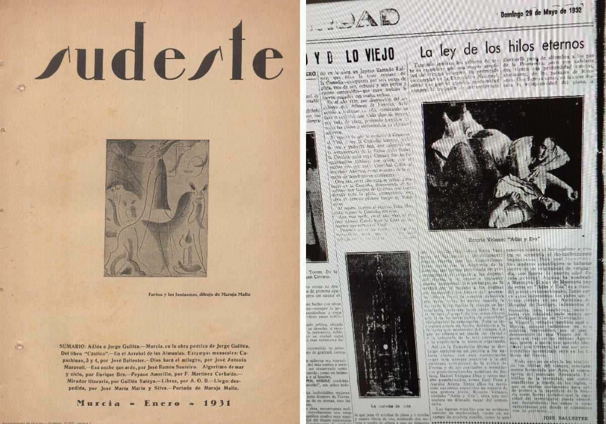 Portada de la revista 'Sudeste' de enero de 1931 ilustrada por la artista surrealista Maruja Mallo. Artículo de José Ballester sobre Rosario de Velasco en LA VERDAD el 29 de mayo de 1932.