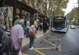 Un grupo de vecinos espera la llega de un autobús urbano, en el Paseo de Alfonso XIII.