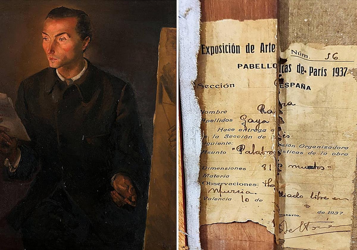 Imagen principal - 1. 'Retrato de Gil-Albert. Palabras para los muertos', obra realizada por Gaya en 1937. 2 y 3. En abril el Museo Gaya solicitó la colaboración del Taller de Restauración de Papel del Archivo General para extraer y restaurar una etiqueta que se acababa de localizar en la parte posterior (adherida entre el bastidor y el lienzo) de 'Retrato de Gil-Albert. Palabras para los muertos'. La etiqueta acredita que la pintura se trasladó al Pabellón que la República española tuvo en la Exposición Internacional de París de ese año, donde se expuso el icónico 'Guernica' de Picasso, pintado también para la ocasión. Una vez despegado y restaurado el documento por Esther Marcos Matilla, restauradora del Archivo General de la Región, dirigido por Javier Castillo, se devolvió al Museo, con su informe técnico y en un estuche de conservación