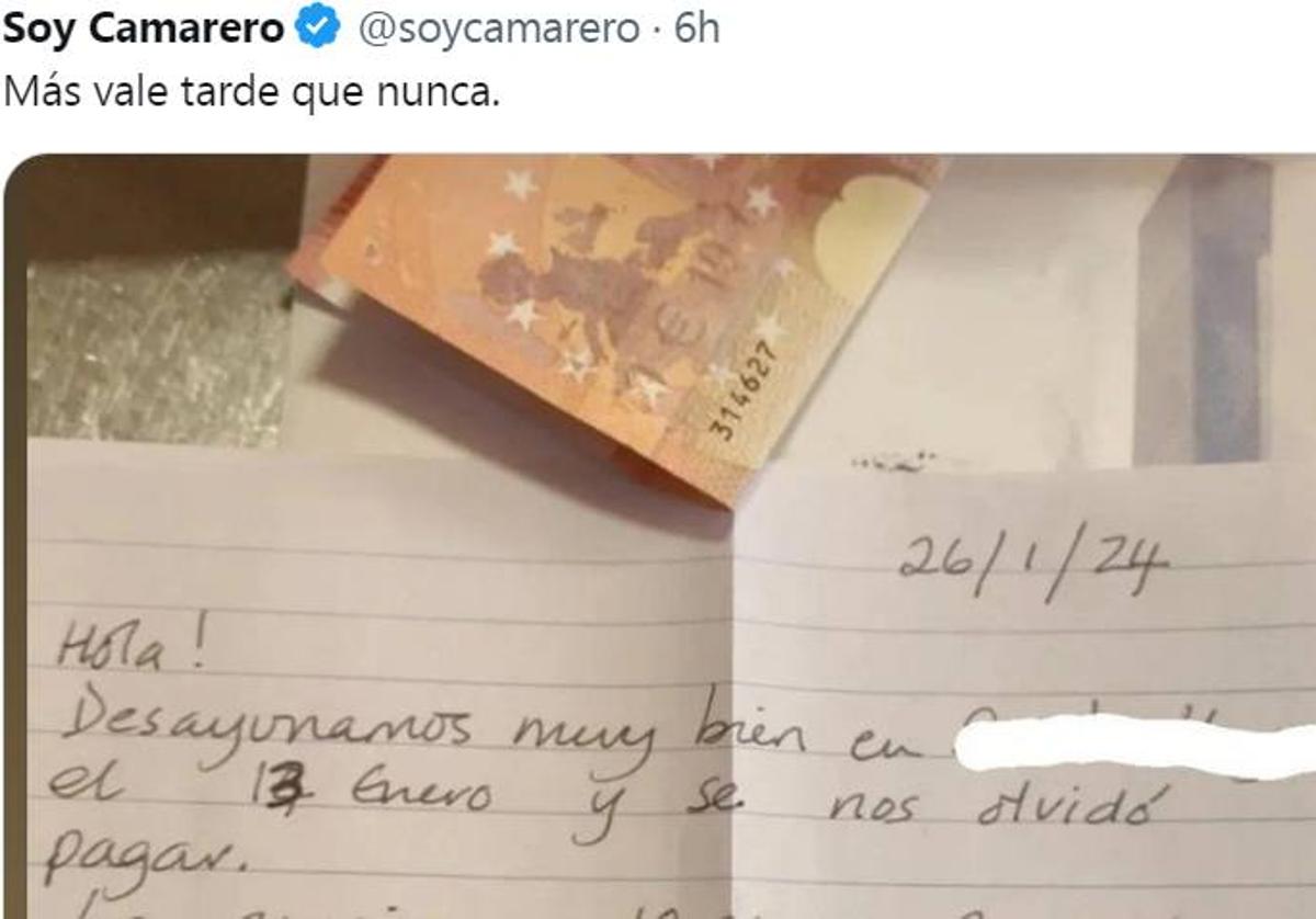 La increíble nota recibida por los trabajadores de un local: «Olvídamos pagar el desayuno».