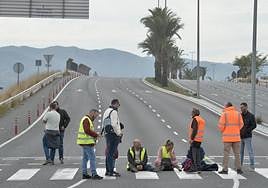 Manifestantes apostados a la entrada del puente de Ronda Sur.