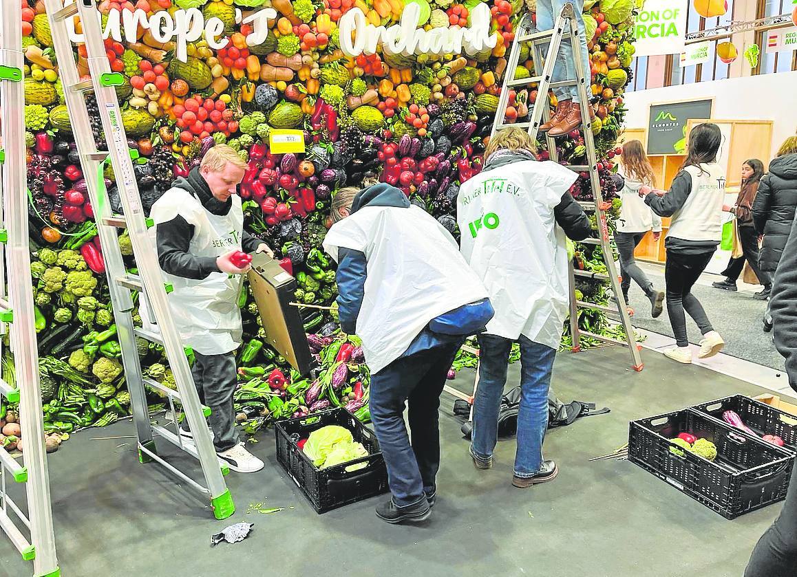 Voluntarios de la ONG retirando las frutas y hortalizas del panel vertical del estand de la Región.