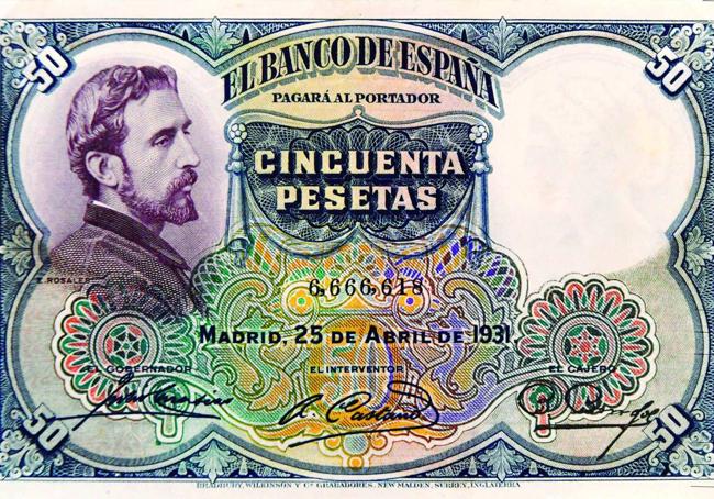 Su cara en los billetes. Billete de 50 pesetas timbrado el 25 de abril de 1931, días después de la proclamación de la Segunda República, con la efigie de Rosales.