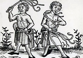 Azotes. Grabado de dos integrantes de la secta de los flagelantes, del siglo XV, quienes purgaban sus pecados en cuaresma propinándose azotes en las procesiones de penitencia.