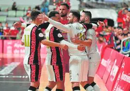 Los jugadores de ElPozo Murcia celebran uno de los goles que marcaron ayer al Xota navarro en el Palacio.
