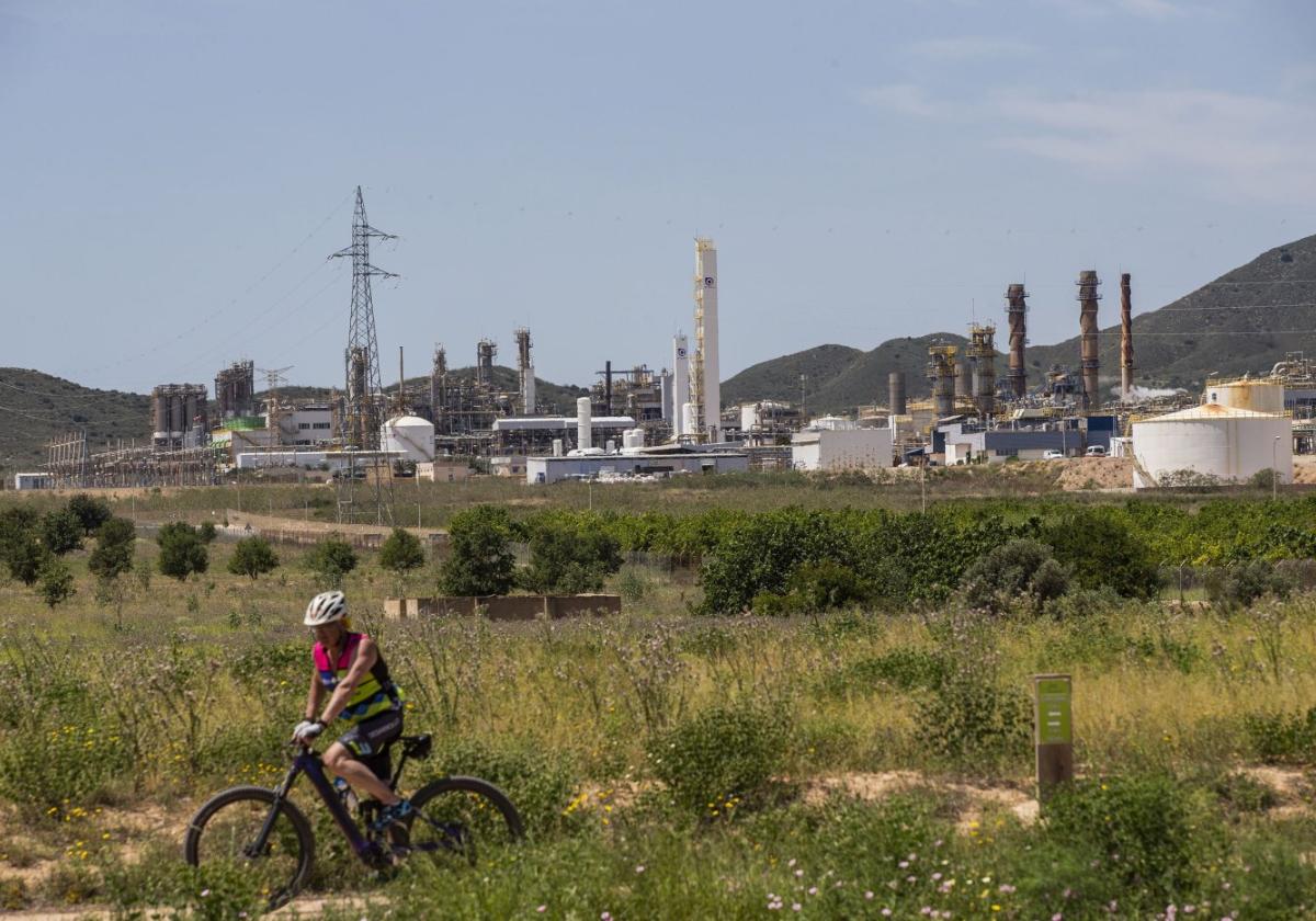 Un ciclista, en las inmediaciones del complejo industrial de Sabic, en La Aljorra.