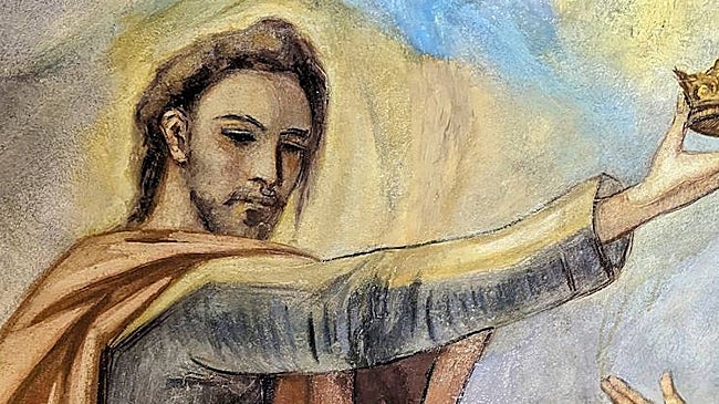 Imagen después - Grieta en la coronación de la Virgen. | El mismo mural ya restaurado.