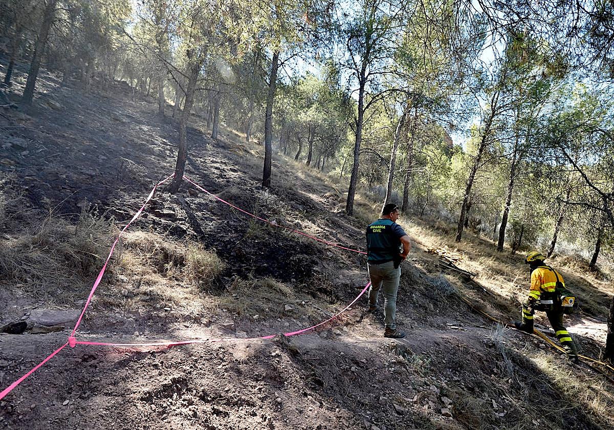 Un guardia civil junto a una zona acotada donde se sospecha que se inició uno de los focos del incendio en el entorno de la Fuensanta.