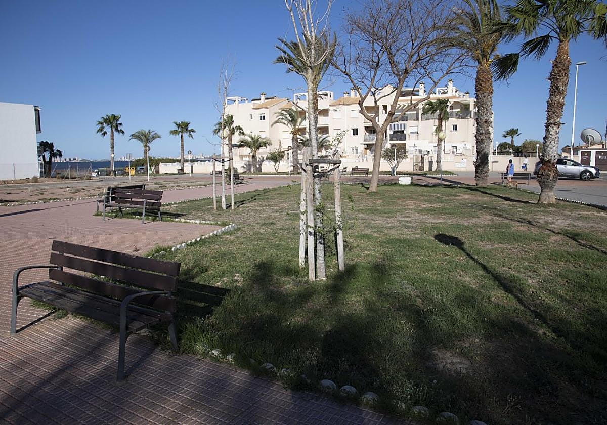 Una mujer pasea a su perro por la zona verde de la Plaza del Rocío, en Los Nietos.