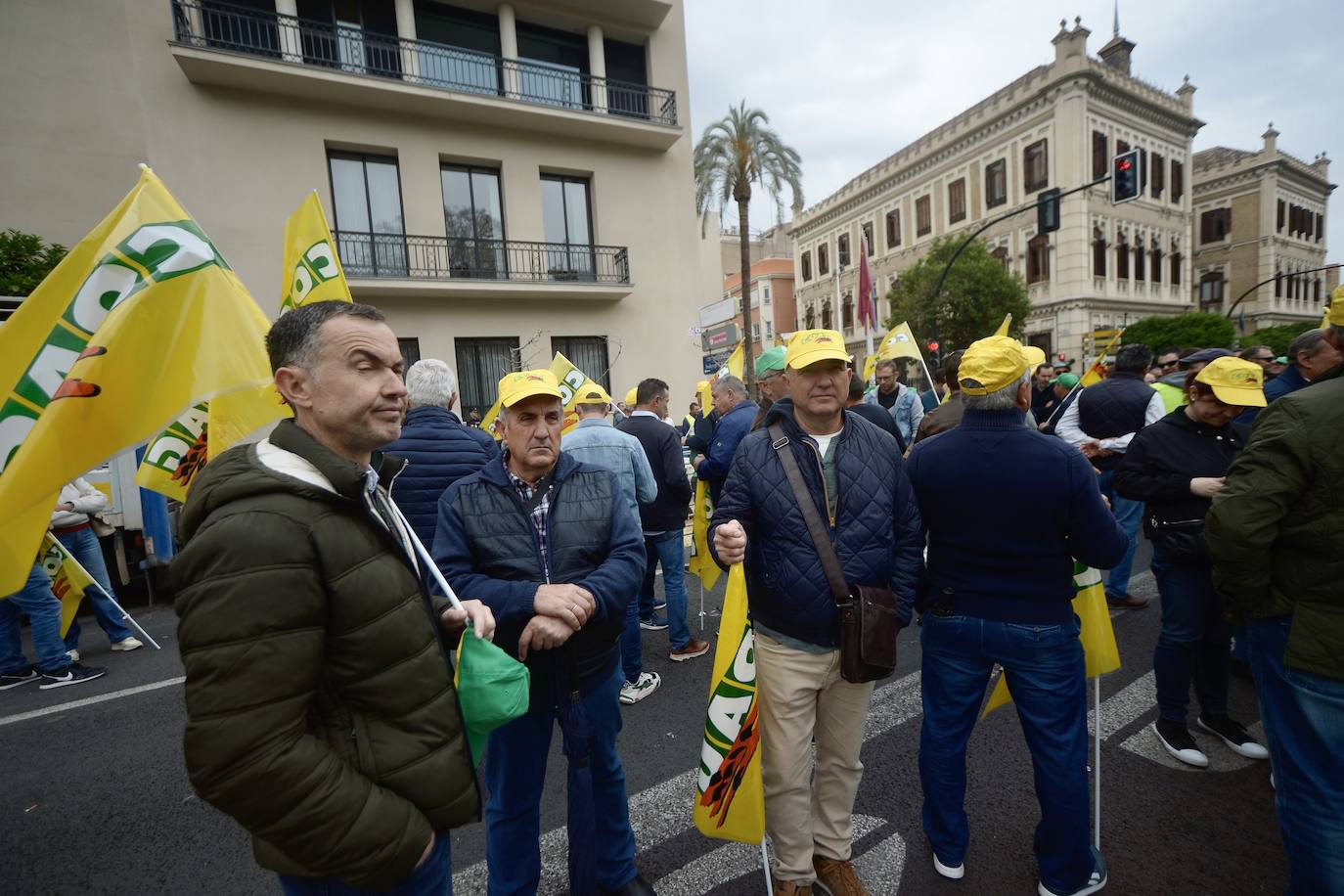 La protesta de agricultores y ganaderos de las zonas de secano ante la Delegación del Gobierno, en imágenes