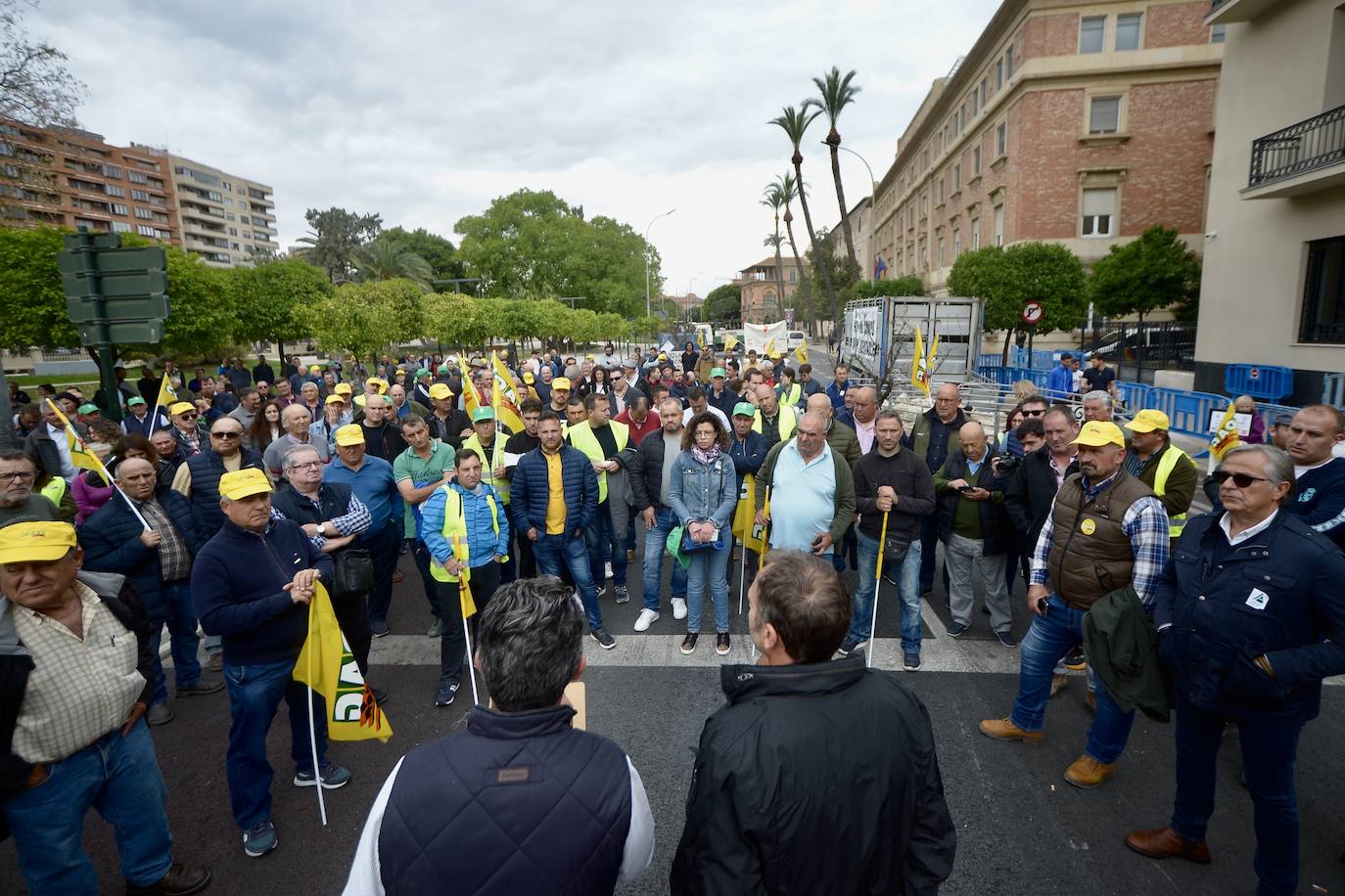 La protesta de agricultores y ganaderos de las zonas de secano ante la Delegación del Gobierno, en imágenes