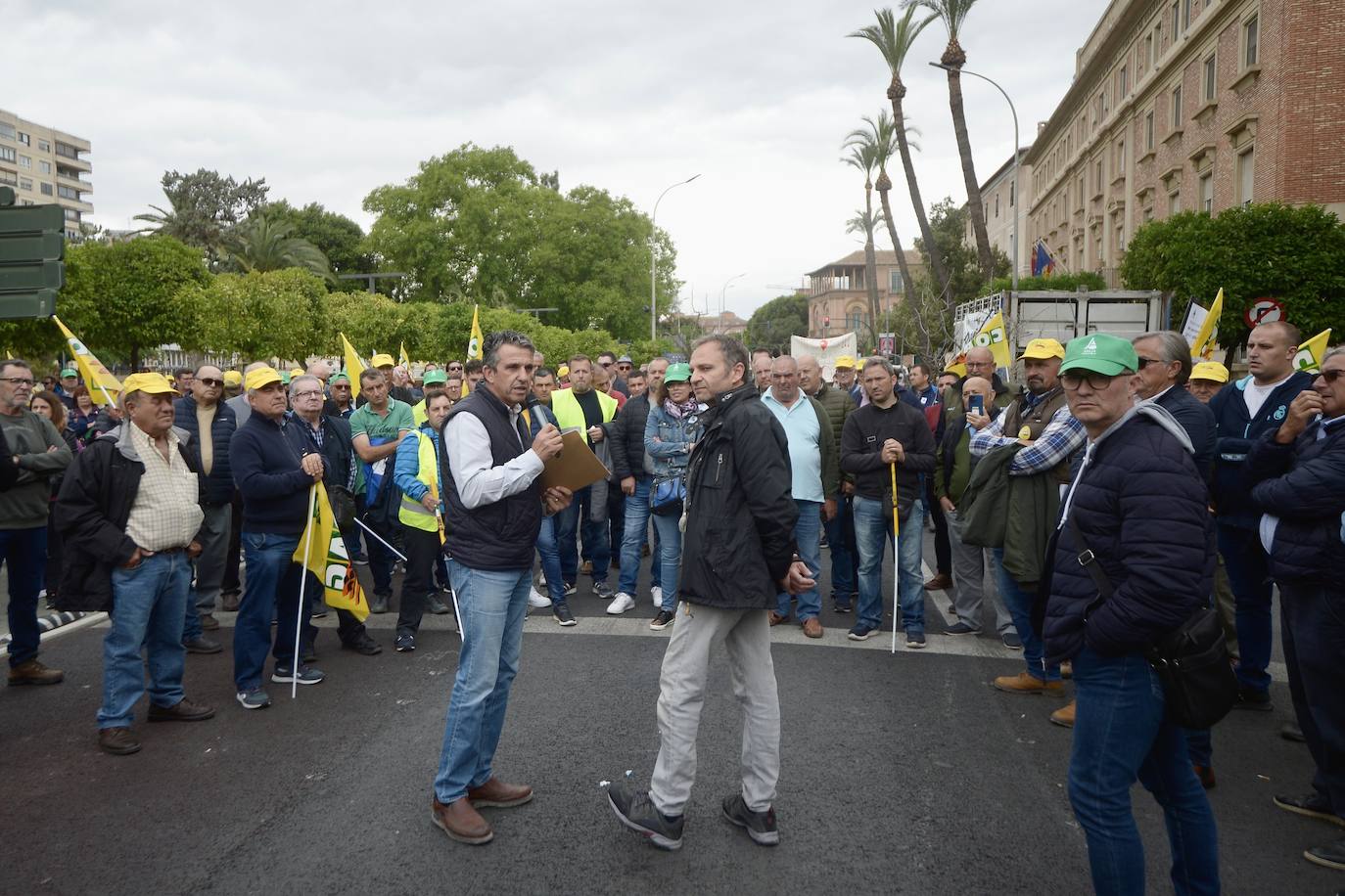 La protesta de agricultores y ganaderos de las zonas de secano ante la Delegación del Gobierno, en imágenes