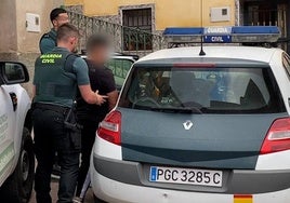 Agentes de la Guardia Civil introducen en el coche patrulla a uno de los detenidos.