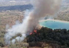 Columna de humo procedente del incendio del monte Miravete, este sábado.
