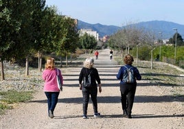 Varias personas pasean por terrenos de la Vía Verde de Murcia.