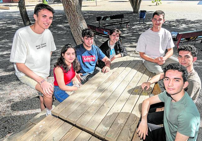 Pablo Izquierdo, Marina Giménez, Alejandro Ibáñez, David Pérez, Manuel Armero, Joaquín Martínez y Alejandro Martínez, estudiantes del IES Luis Manzanares de Torre Pacheco, en el patio del instituto.