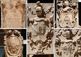 Cinco de los dieciocho escudos heráldicos restaurados que se exponen en el patio del Museo Arqueológico de Murcia y que estarán disponibles en 3D cuando el Ayuntamiento complete la primera fase del proyecto de digitalización.