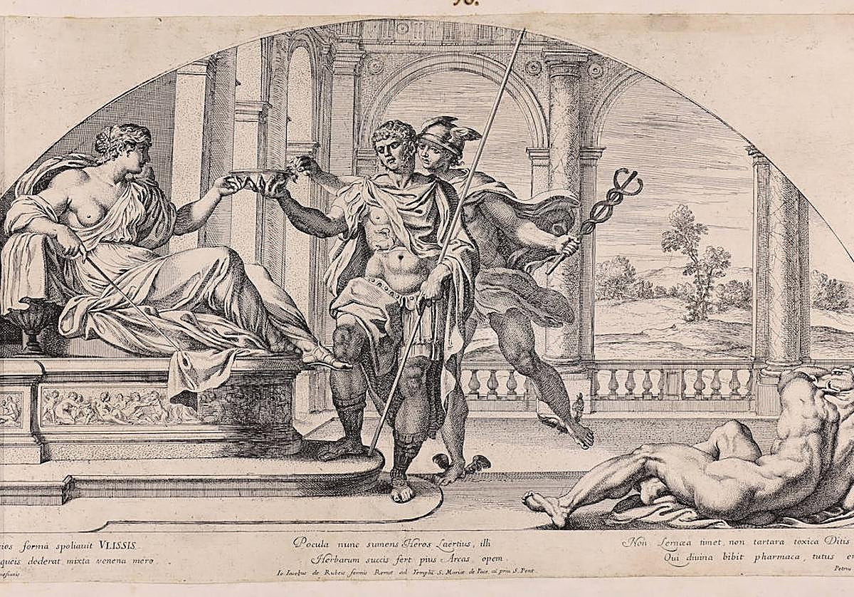 Imagen principal - 1. La hechicera Circe, Ulises y Mercurio. Grabado de P. Aquila sobre una obra de Annibale Carracci de 1590. La mitología está repleta de referencias a venenos. 2. Etiquetas de Zylon B. Fue un preparado a base de cianuro usado de forma infame por el régimen nazi como veneno en los campos de concentración. 3. Papiro de Ebers (1550 a. C.).Fechado en el reinado de Amenhotep I, de la dinastía XVIII de Egipto. Es una de las fuentes más antiguas de toxicología que se conocen. 