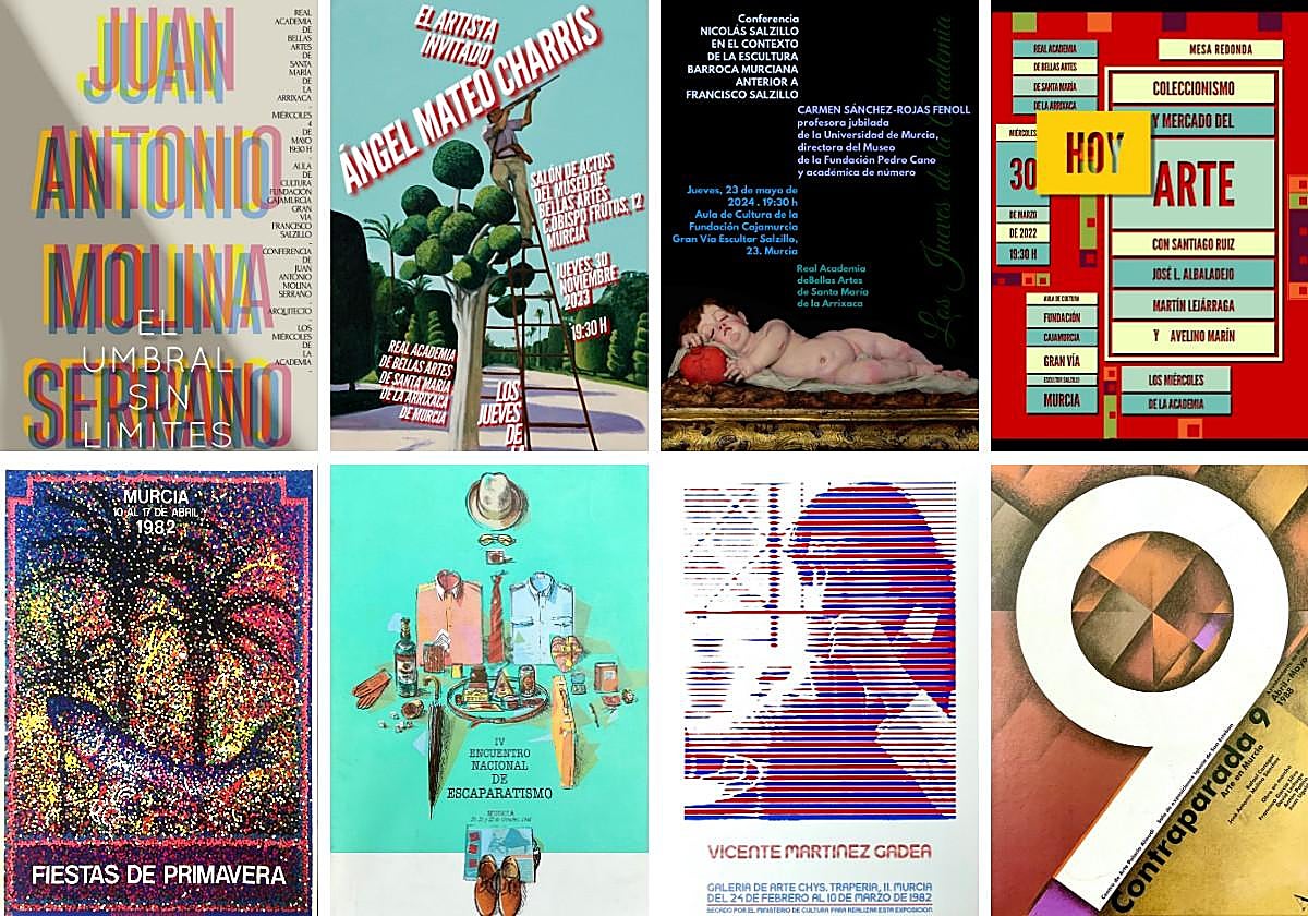 Trayectoria. Ocho de los carteles realizados en su faceta de diseñador gráfico por el también arquitecto y pintor Vicente Martínez Gadea. Todos aparecen en el libro 'Los carteles de la Academia (2017-2024)', publicado por la Real Academia de Bellas Artes de Santa María de la Arrixaca de Murcia.