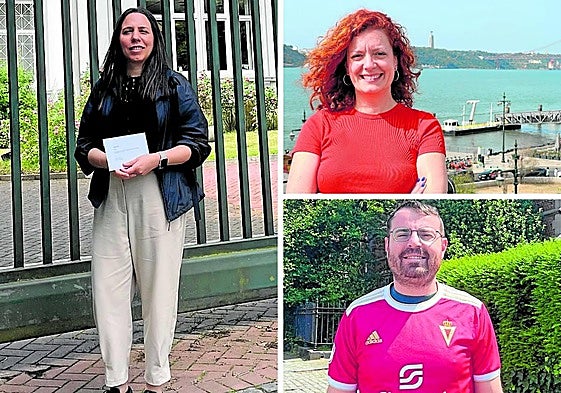María Rubio (izq.), antes de votar en el Consulado de España de la ciudad alemana de Hamburgo; Amparo Oliver (arriba a la derecha), en Cais do Sodré, con vistas al Puente 25 de Abril y al Cristo Rey de Lisboa. y Javier Sánchez con la camiseta del Murcia en Bruselas.